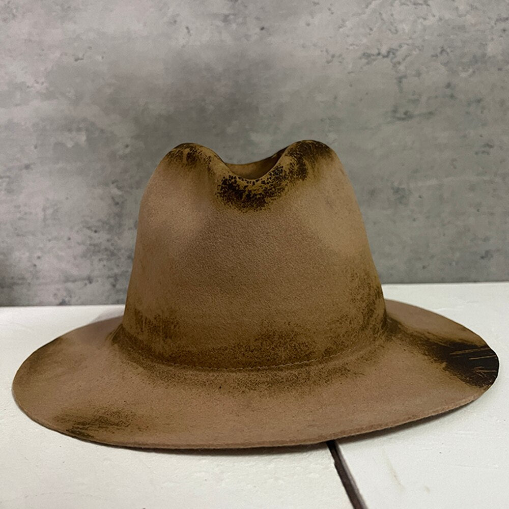 100% Wool Women Men Fedora Hat Retro Fire Old Distressed Wide Brim Jazz Hat Lady Felt Church Hat