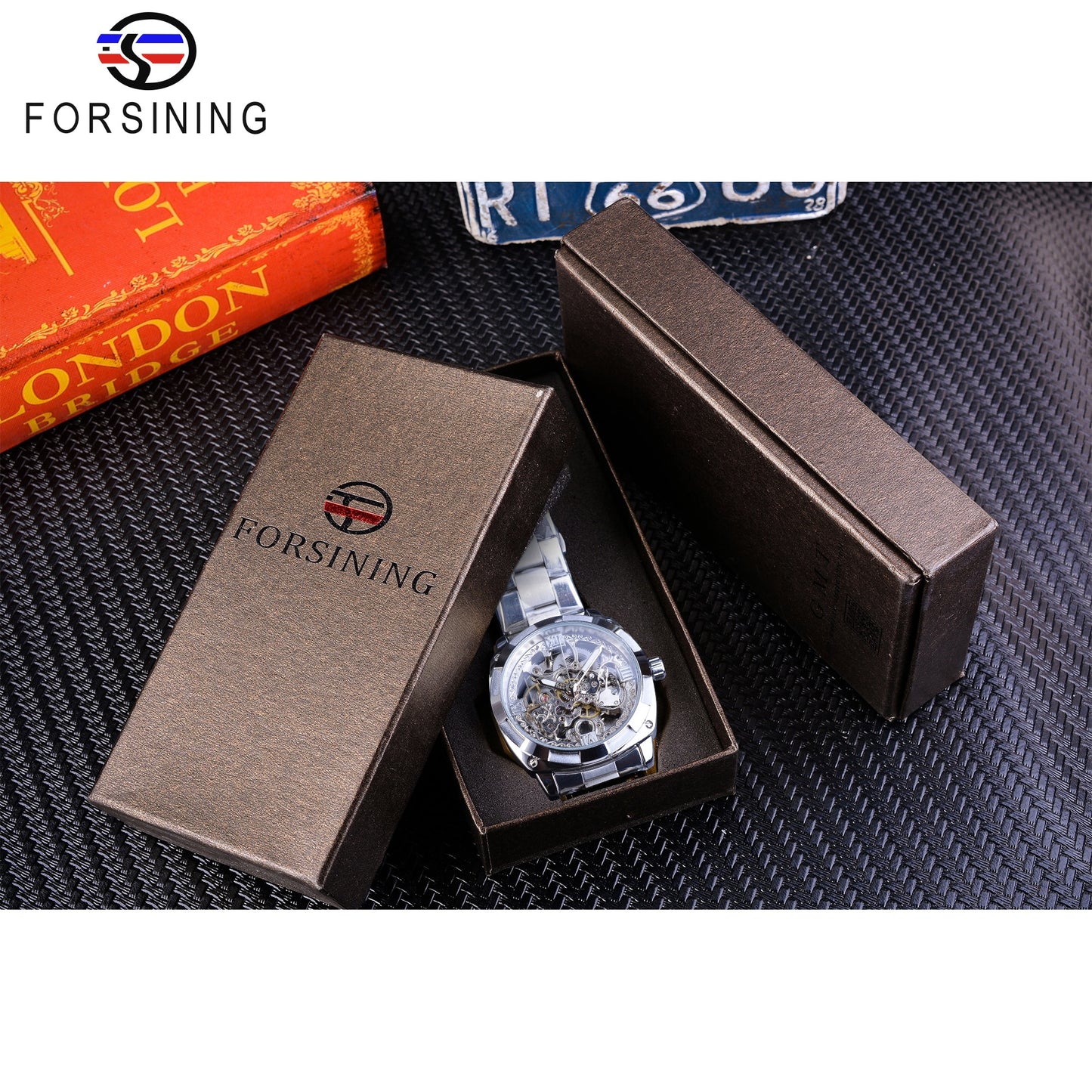 Forsining Silver Watches Folding Clasp with Safety Men's Automatic Watches Top Brand Luxury Transparent Watches Luminous Hands