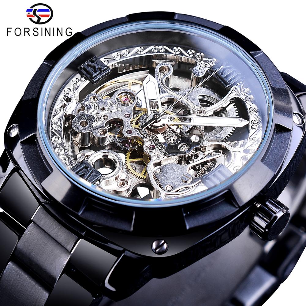 Forsining Silver Watches Folding Clasp with Safety Men's Automatic Watches Top Brand Luxury Transparent Watches Luminous Hands