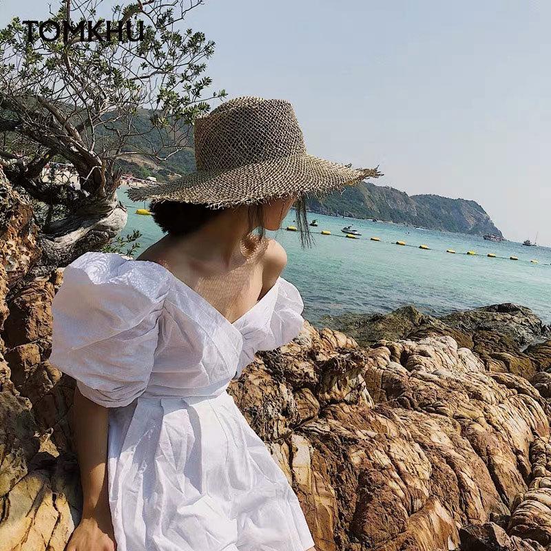 New Women Fray Woven Seagrass Boater Hat Casual Sun Beach Caps Wide Brim Summer Hat Unisex Straw Hats for Kentucky Derby Travel