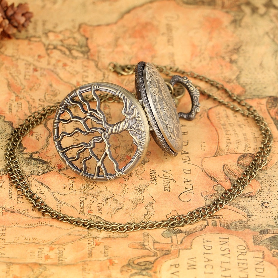 Hollow Life Tree Quartz Pocket Watch Immortal Necklace Chain Bronze Design Pendant Clock Old Vintage Fob reloj + Tree Accessory