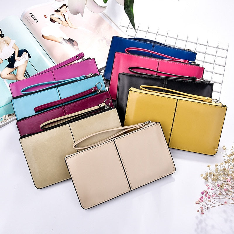Women's Vintage Oil Wax Leather Zipper Clutch Wallet Female Large Capacity Coin Purse Ladies Wristband Simple Card Holder Wallet
