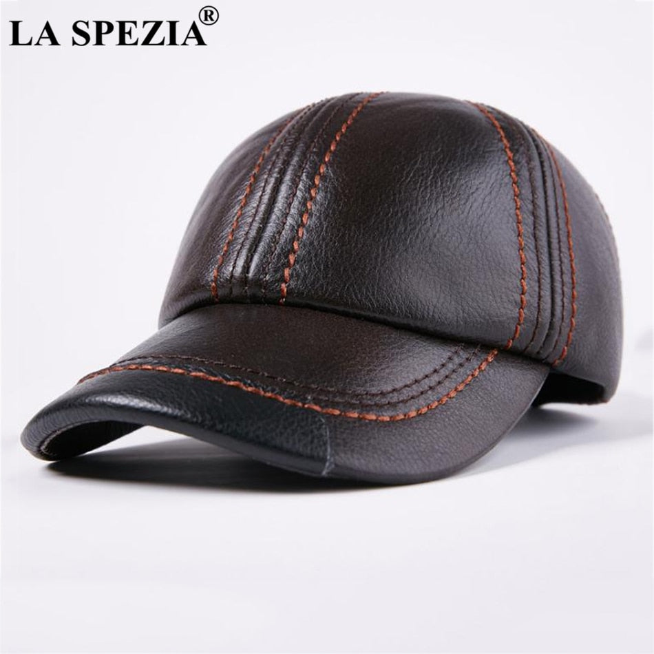 LA SPEZIA Genuine Leather Baseball Cap Men Black Cowhide Hat Snapback Male Adjustable Autumn Winter Real Leather Peaked Hats