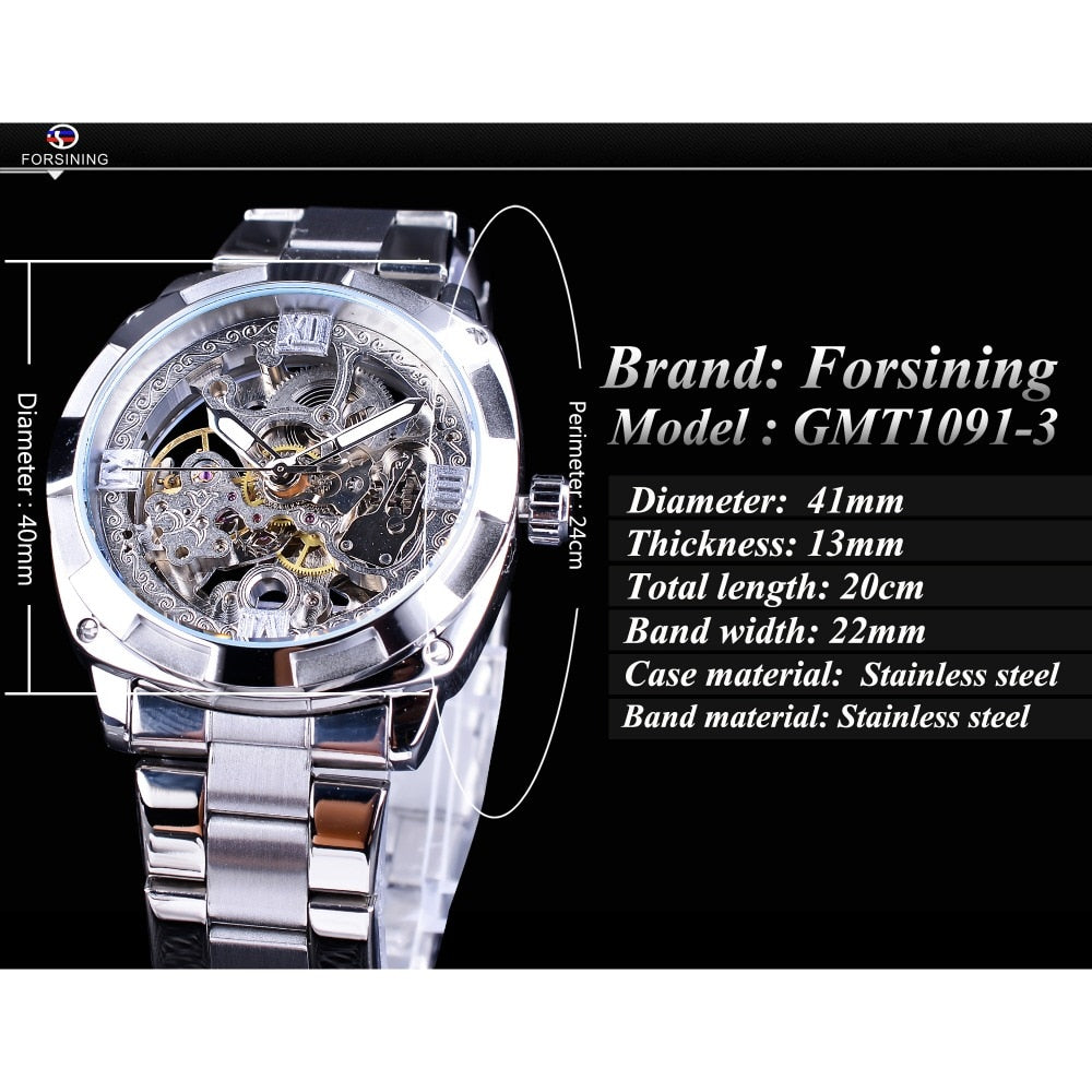 Forsining Silver Watches Folding Clasp with Safety Men's Automatic Watches Top Brand Luxury Transparent Watches Luminous Hands