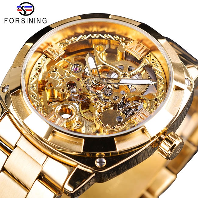 Forsining Silver Watches Folding Clasp with Safety Men's Automatic Watches Top Brand Luxury Transparent Watches Luminous Hands
