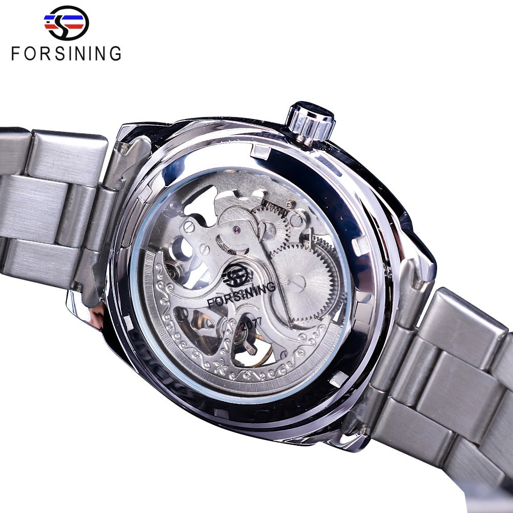 Forsining Silver Watches Folding Clasp with Safety Men's Automatic Watches Top Brand Luxury Transparent Watches Luminous Hands