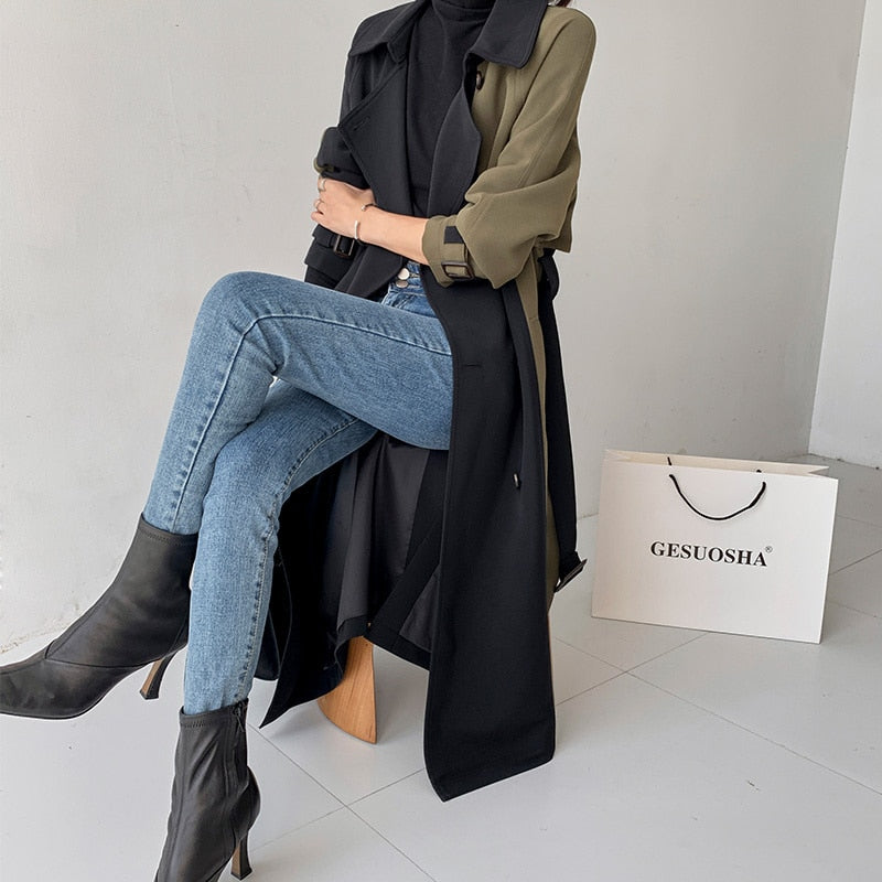 European American Top Quality Autumn spring Trench Coat women Long Coat Simple Chic Classic Female Windbreaker FY112