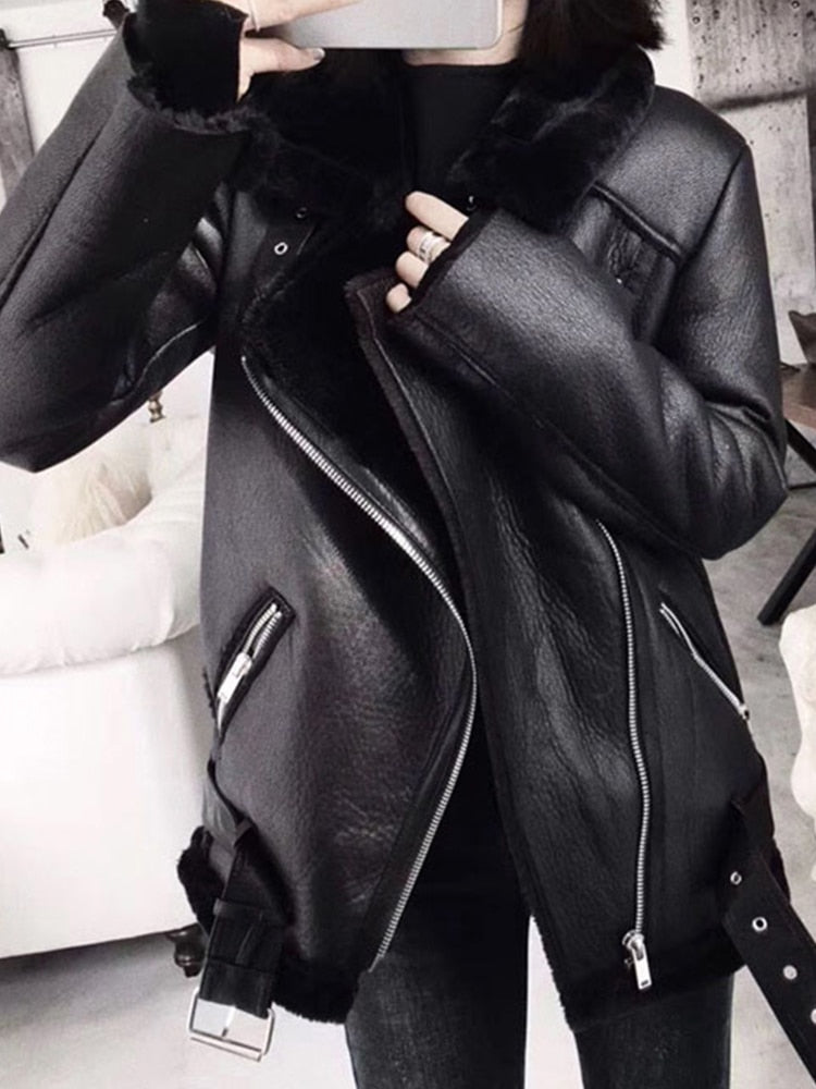 Ailegogo 2023 Winter Coats Women Thick Faux Leather Fur Sheepskin Coat Female Fur Leather Jacket Aviator Jacket Casaco Feminino