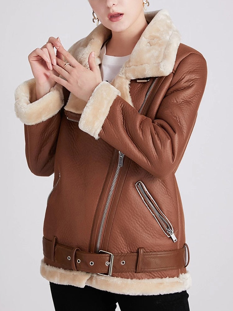 Ailegogo 2023 Winter Coats Women Thick Faux Leather Fur Sheepskin Coat Female Fur Leather Jacket Aviator Jacket Casaco Feminino