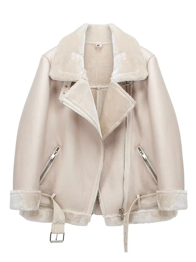 Ailegogo 2023 Winter Coats Women Thick Faux Leather Fur Sheepskin Coat Female Fur Leather Jacket Aviator Jacket Casaco Feminino