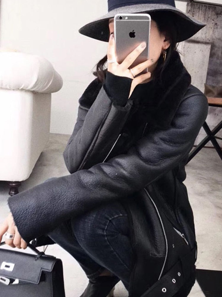 Ailegogo 2023 Winter Coats Women Thick Faux Leather Fur Sheepskin Coat Female Fur Leather Jacket Aviator Jacket Casaco Feminino