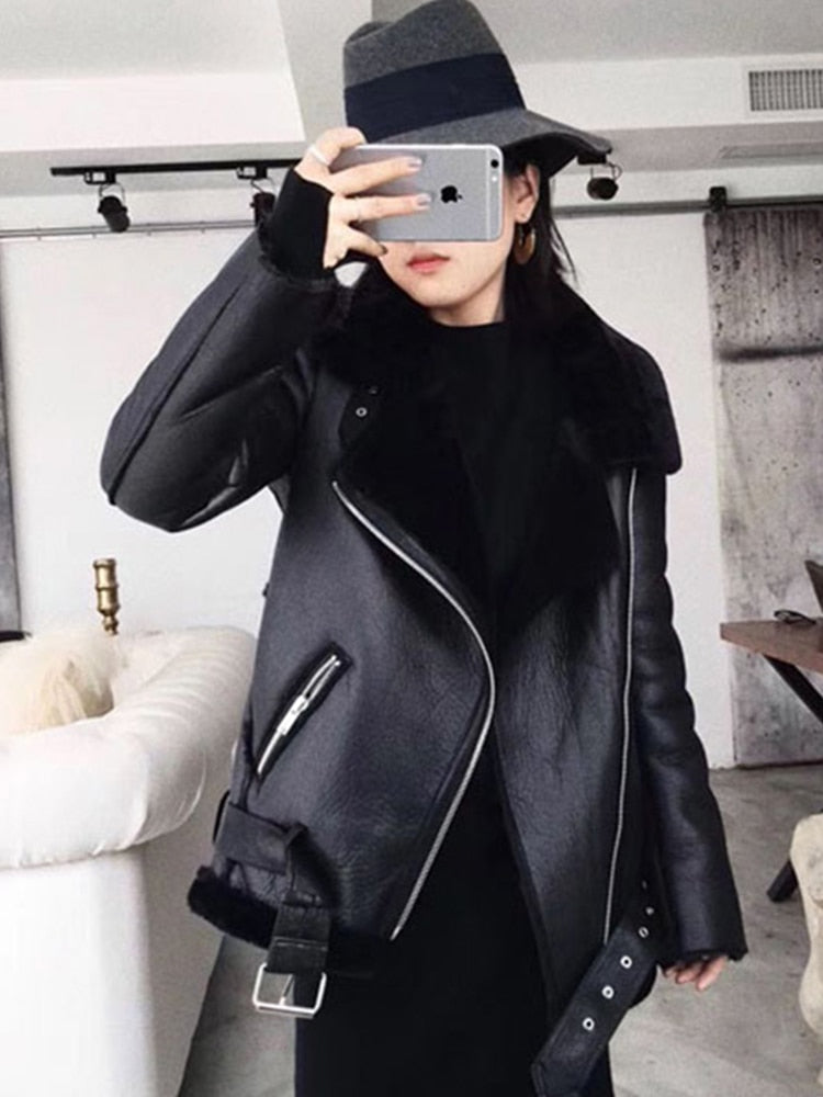 Ailegogo 2023 Winter Coats Women Thick Faux Leather Fur Sheepskin Coat Female Fur Leather Jacket Aviator Jacket Casaco Feminino