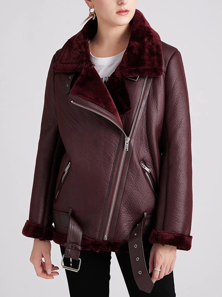 Ailegogo 2023 Winter Coats Women Thick Faux Leather Fur Sheepskin Coat Female Fur Leather Jacket Aviator Jacket Casaco Feminino