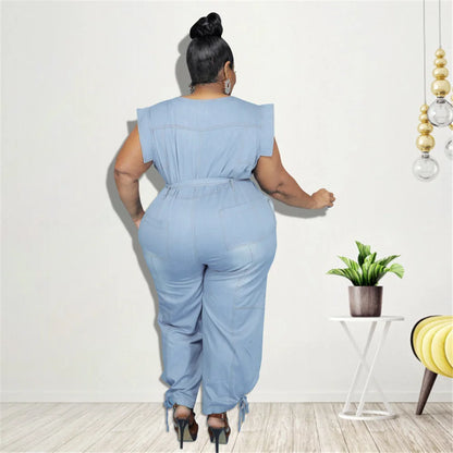 Jumpsuit Plus Size Women Clothing Denim Round Neck Lace Up Sleeveless Trousers Pocket Stretch Bodysuit Wholesale Dropshipping