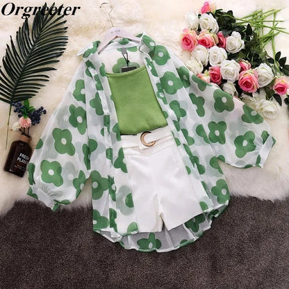 3 Piece Set Women Flower Printing Chiffon Sunscreen Long Shirt Ensemble Femme Solid Vest +High waist Metal Ring Shorts Suits