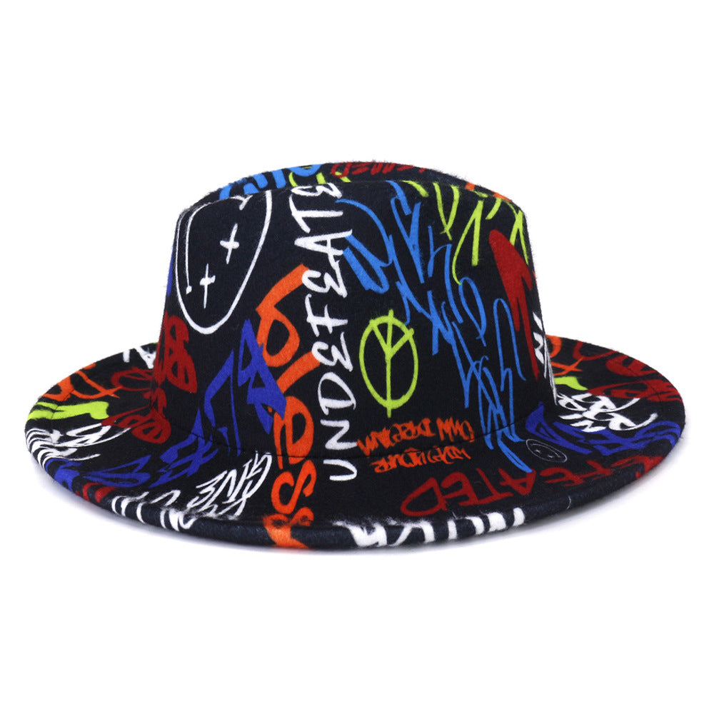 Tie-dye fedora hat wholesale autumn and winter graffiti letters monochrome hat unisex hand-painted felt winter hat шляпа женская