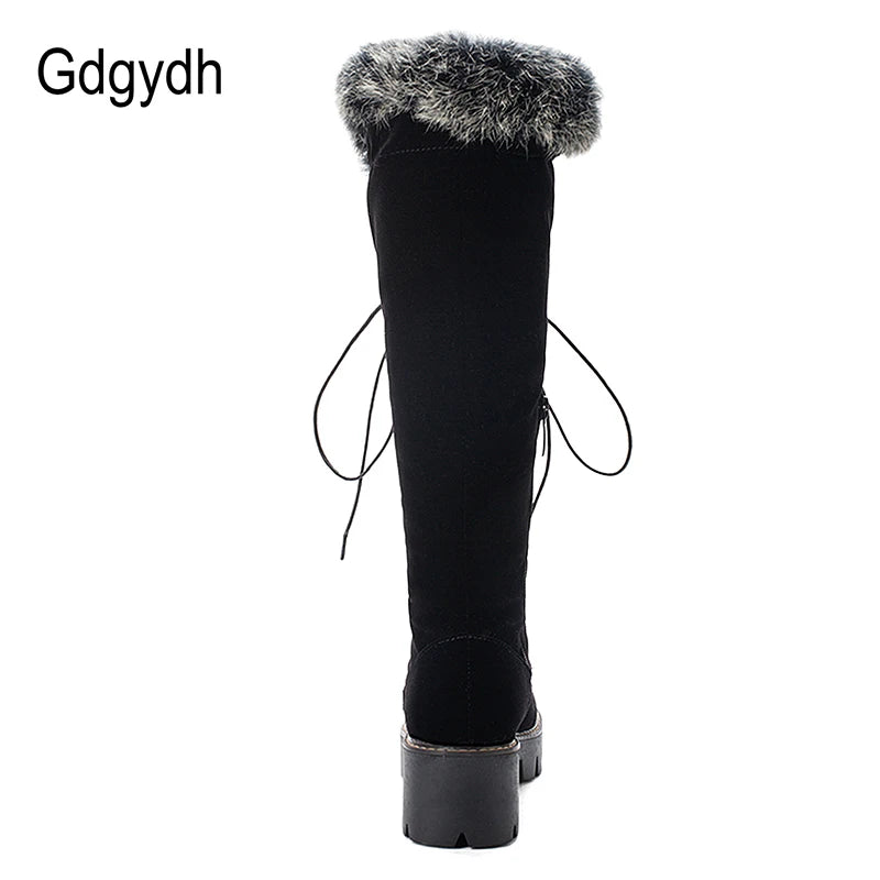 Gdgydh Lace-up Winter Shoes Women Snow Boots Real Fur Boots Women Knee High Suede Thick Heel Warm Outdoor With Zip Big Size 43