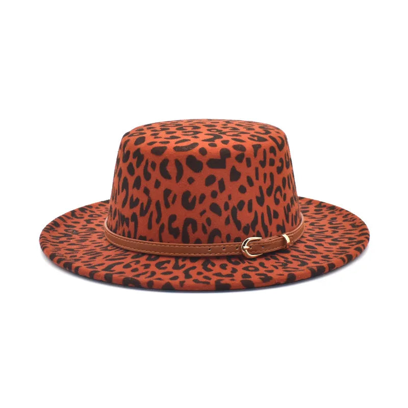 New classic leopard Felt Fedora men's and women's artificial wool blended jazz hat wide brim simple church Derby flat top hat re