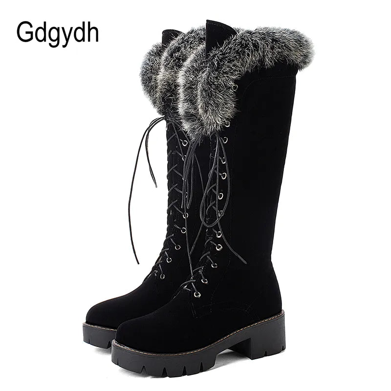 Gdgydh Lace-up Winter Shoes Women Snow Boots Real Fur Boots Women Knee High Suede Thick Heel Warm Outdoor With Zip Big Size 43