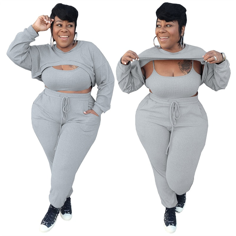 5xl Womens Clothing Bodycon Vest Long Sleeve Crop Top and Pants Outfit Streetwear Plus Size 3 Pieces Sets Wholesale Dropshipping