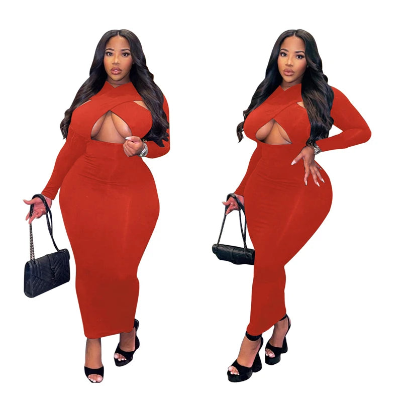 Plus Size Dresses Women Clothing Irregular Neck Clube Sexy Dress Bodycon Party Long Sleeve Midi Dress Dropshipping Wholesale