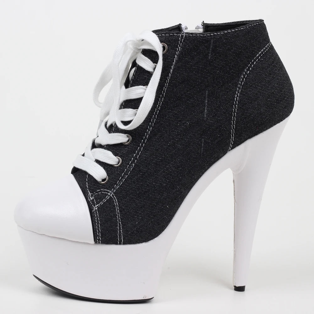 jialuowei Denim Ankle Boots Thin Heel Platform Lace-up Pointed Toe Zip Sexy Fashion Ladies Footwear 15CM High Heels