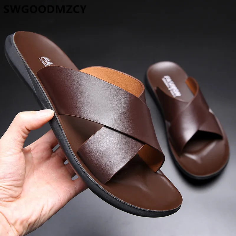 Leather Slippers Men Summer Shoes Mens Slippers Outdoor Beach Slippers Shoes+male Zapatos De Hombre Erkek Ayakkabi Buty Meskie