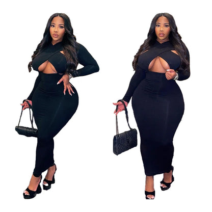 Plus Size Dresses Women Clothing Irregular Neck Clube Sexy Dress Bodycon Party Long Sleeve Midi Dress Dropshipping Wholesale