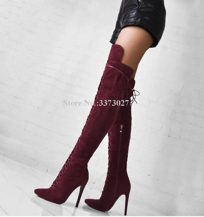 Suede Cross-tied Woman Long Boots Fashion New Pointed Toe Thin High Over the Knee Gladiator Boots Ladies Sexy Large Size Shoes