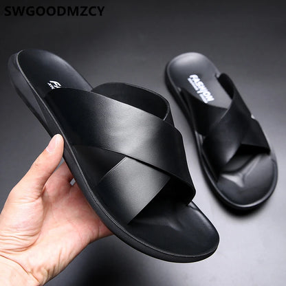 Leather Slippers Men Summer Shoes Mens Slippers Outdoor Beach Slippers Shoes+male Zapatos De Hombre Erkek Ayakkabi Buty Meskie