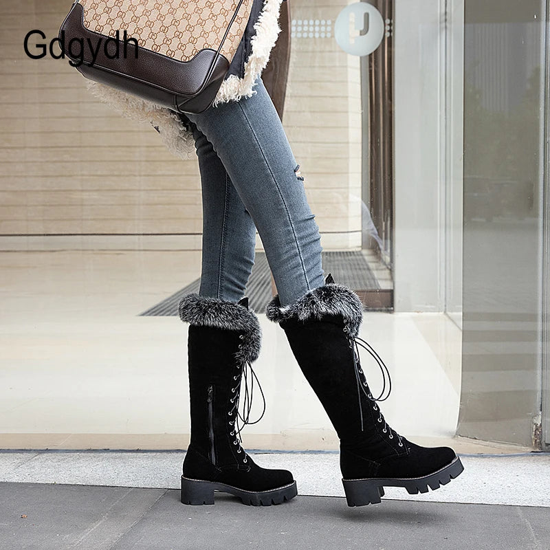 Gdgydh Lace-up Winter Shoes Women Snow Boots Real Fur Boots Women Knee High Suede Thick Heel Warm Outdoor With Zip Big Size 43