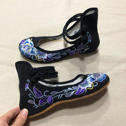 Veowalk Vintage Women Cotton Flower Embroidery Shoes Ladies Casual Chinese Style Comfortable Soft Canvas Dance Ballets Ballerina