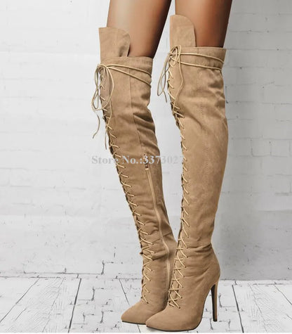 Suede Cross-tied Woman Long Boots Fashion New Pointed Toe Thin High Over the Knee Gladiator Boots Ladies Sexy Large Size Shoes