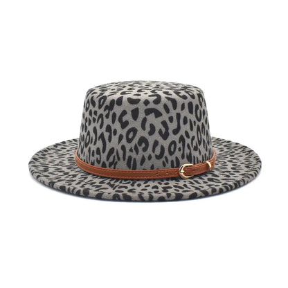 New classic leopard Felt Fedora men's and women's artificial wool blended jazz hat wide brim simple church Derby flat top hat re