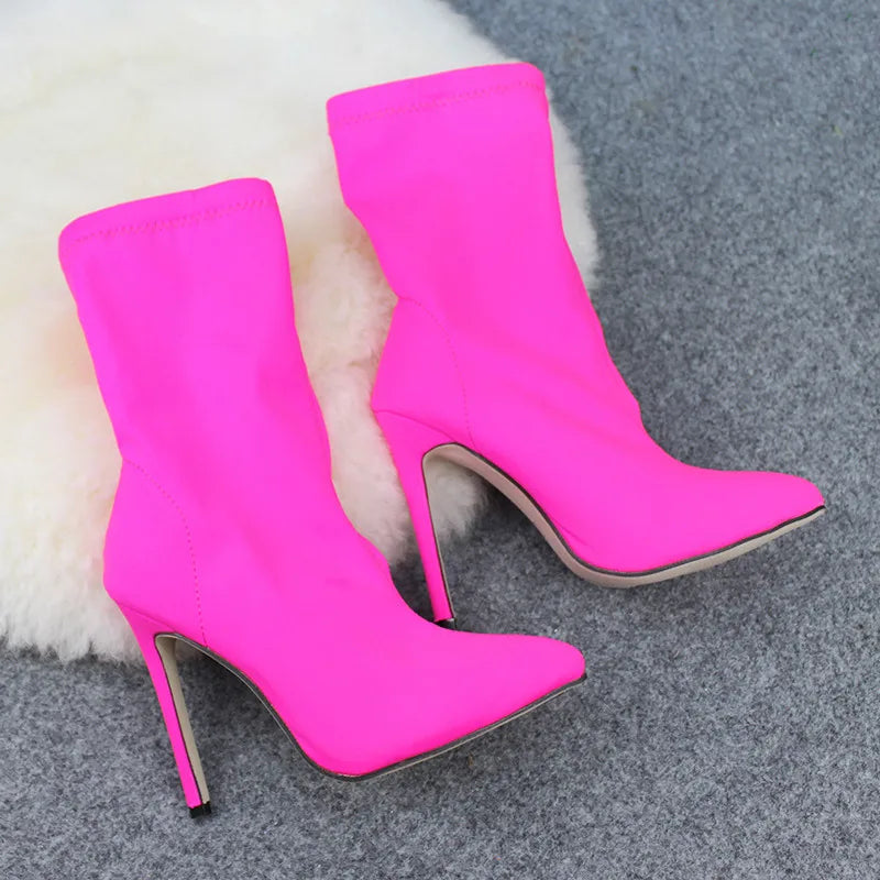 2023 Women Fetish Silk Sock Boots 11.5cm High Heels Stretch Fashion Heels Peach Ankle Boots Peach Rose Red Plus Size 43 Shoes