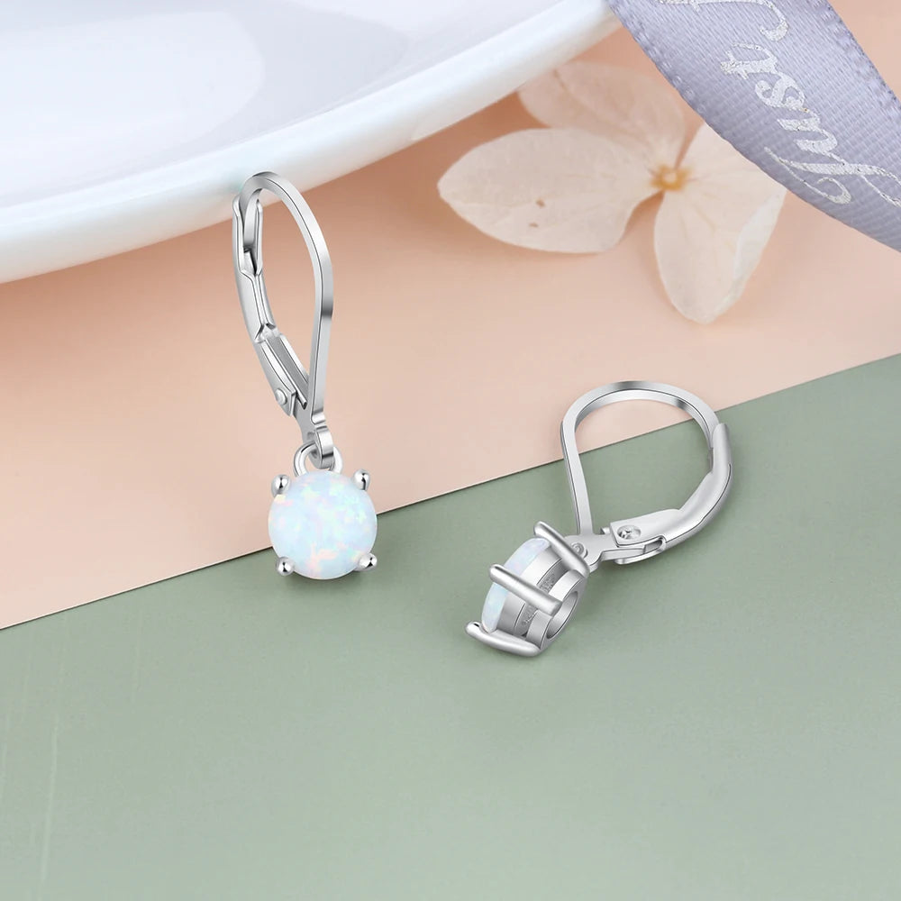 925 Sterling Silver Hoop Earrings for Women Charm Created Round White Fire Opal Earrings Trendy Fine Jewelry (Lam Hub Fong)