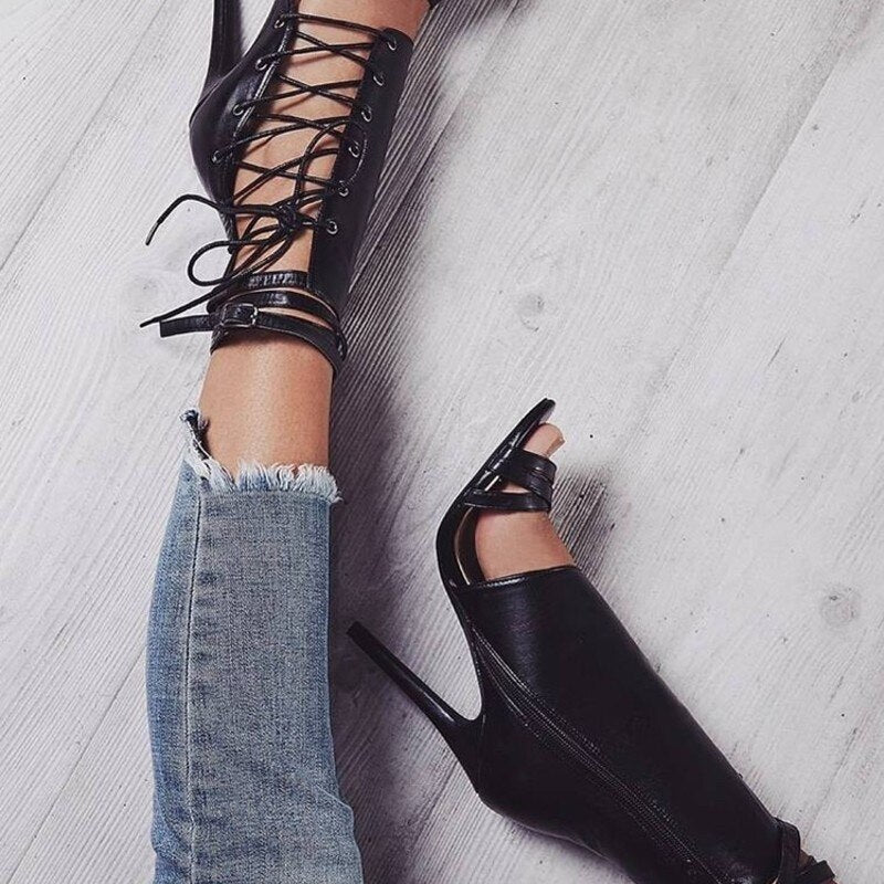 Roman Buckle Strap Shoes Women Sandals Sexy Gladiator Lace Up Peep Toe Sandals High Heels 11.5CM Woman Ankle Boots Black Aprict