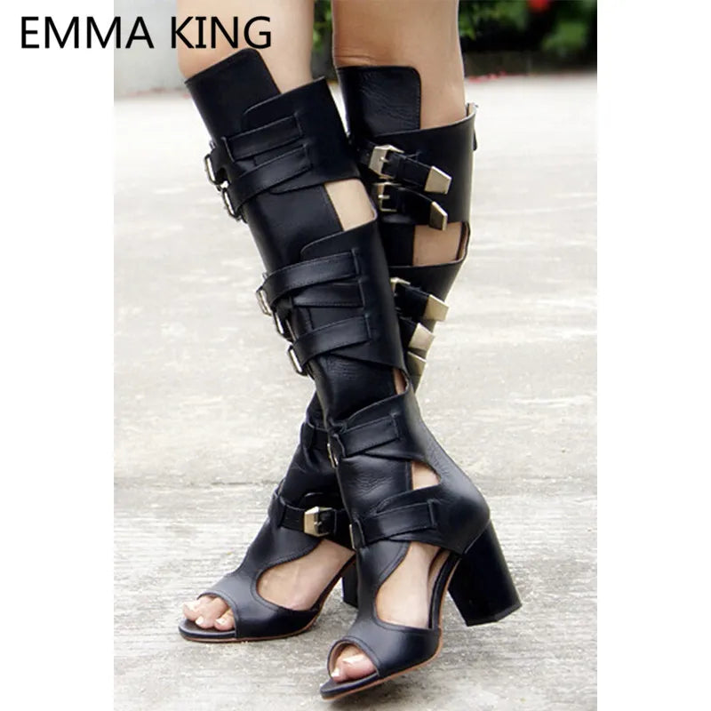 2022 New Sexy Summer Chunky Knee High Motorcycle Boots Women Peep Toe Cut-Out High Heels Black Ladies Gladiator Sandals Boots