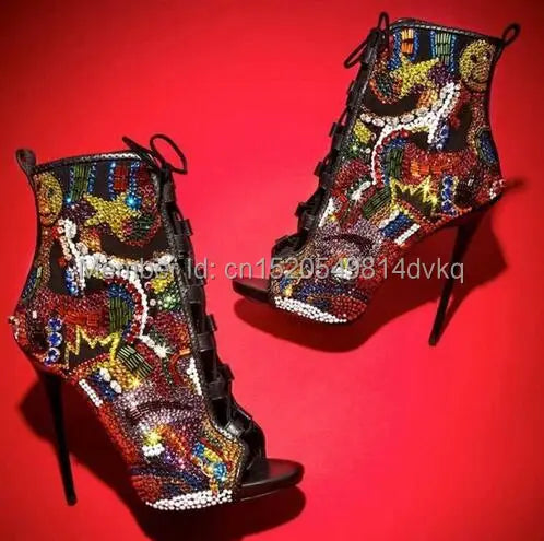 Fashion Crystal Covered Comic Open Toe Booties Lace Up High Heels Summer Sandals Boots Multicolor Diamond Sexy Ladies Stiletto