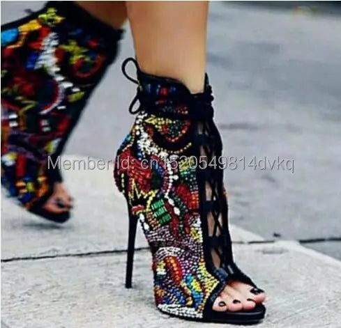 Fashion Crystal Covered Comic Open Toe Booties Lace Up High Heels Summer Sandals Boots Multicolor Diamond Sexy Ladies Stiletto