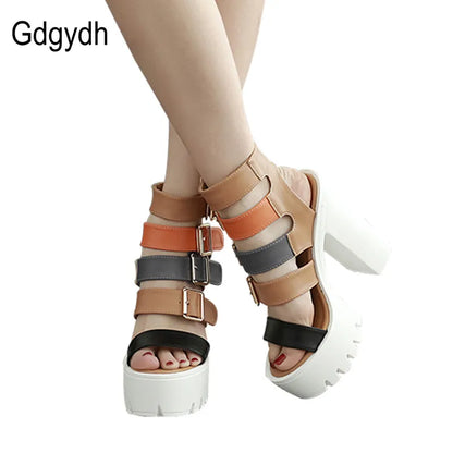 Gdgydh Women Sandals High Heels Summer Fashion Ankle Buckle Strap Female Gladiator Sandals Platform Shoes Block Heels