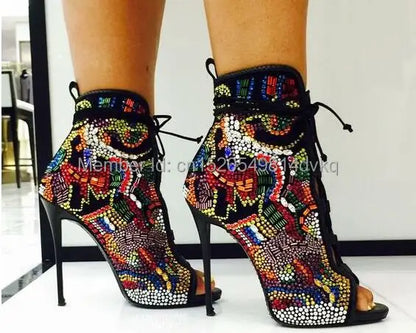 Fashion Crystal Covered Comic Open Toe Booties Lace Up High Heels Summer Sandals Boots Multicolor Diamond Sexy Ladies Stiletto