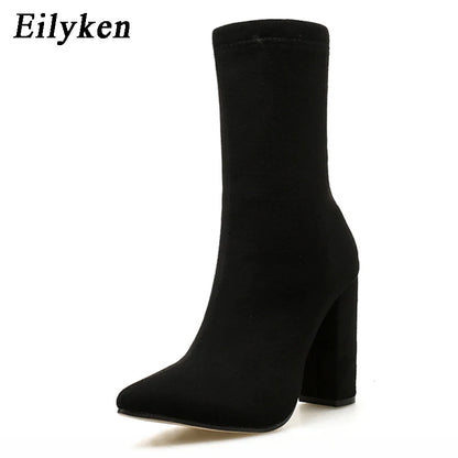 Eilyken 2024 New Flock Ankle Boots Women For Autumn Winter Fashion Pointed Toe Heel Zipper Ladies Chelsea Shoes Plus Size 35-42