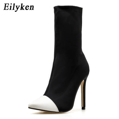 Eilyken Winter Women Ankle Boots Pointed Toe Elastic Slip On High Heel Sock Booties Female Pumps De Mujer