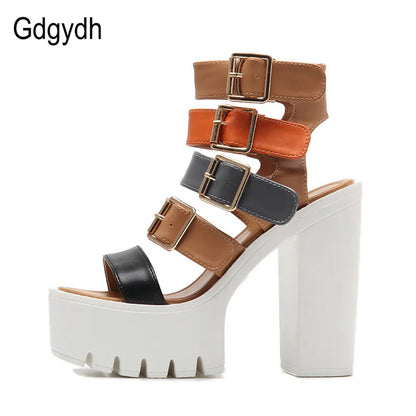 Gdgydh Women Sandals High Heels Summer Fashion Ankle Buckle Strap Female Gladiator Sandals Platform Shoes Block Heels