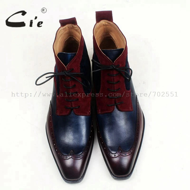 cie square toe wingtips mixed colors navy wine100%genuine calf leather boot handmade bespoke leather lacing men ankle boot A102