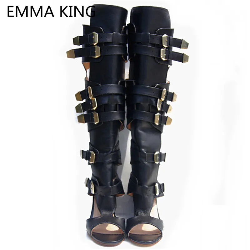 2022 New Sexy Summer Chunky Knee High Motorcycle Boots Women Peep Toe Cut-Out High Heels Black Ladies Gladiator Sandals Boots