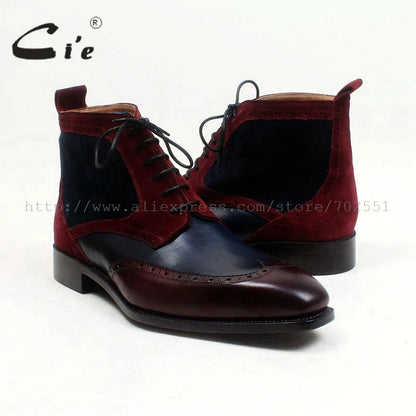 cie square toe wingtips mixed colors navy wine100%genuine calf leather boot handmade bespoke leather lacing men ankle boot A102