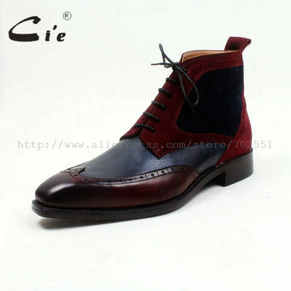 cie square toe wingtips mixed colors navy wine100%genuine calf leather boot handmade bespoke leather lacing men ankle boot A102