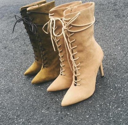 Lace-up mid-calf boots women sexy pointed toe high heel boots celebrity runway gladiator boots